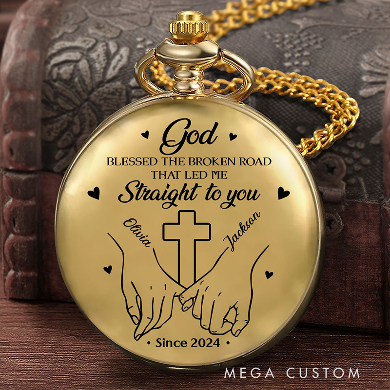 Personalized God Blessed the Broken Road that Led me Straight to you Pocket Watch with Custom Name Cross Pocket Watch Religious Gift for Couple Valentine's Day Gift