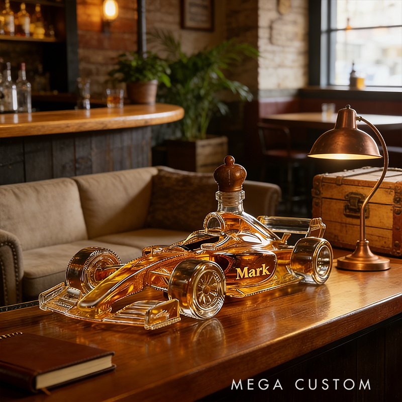 Personalized Racecar Whiskey Decanter Custom Name Glass Car Bottle Gift for Racing and Whiskey Lovers