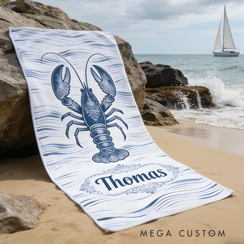 Personalized Custom Ocean Animal Beach Towel - Personalized lobster Monogrammed Beach Towel for Kids & Adults, Quick-Dry Beach Pool Towel with Coastal Wave Design
