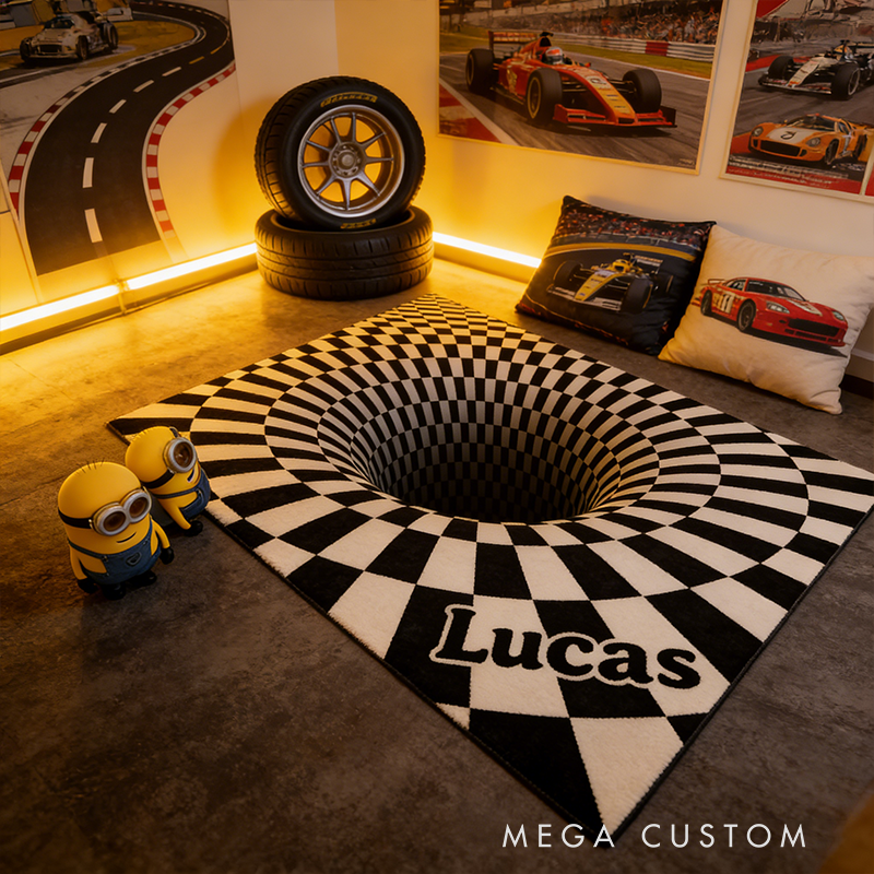 Personalized Race Track 3D Checkered Rug Custom Name Trippy Hole Carpet Racing Style Floor Mat for Racers Room and Racing Enthusiasts