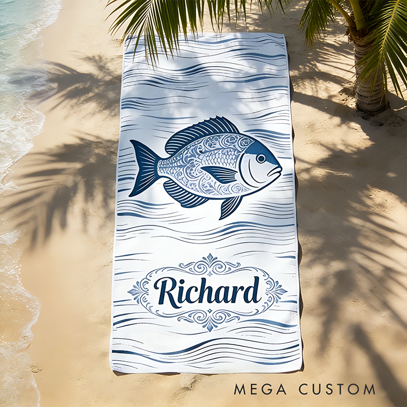 Personalized Custom Fish Design Beach Towel - Personalized Monogrammed Coastal Wave Beach Towel, Quick-Dry Absorbent Pool Towel for Summer