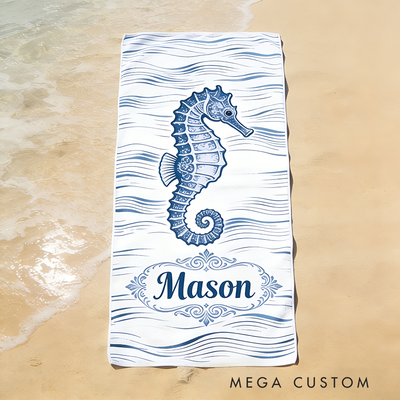 Personalized Custom Seahorse Beach Towel - Personalized Monogrammed Coastal Wave Towel, Quick-Dry Absorbent Pool/Beach Towel
