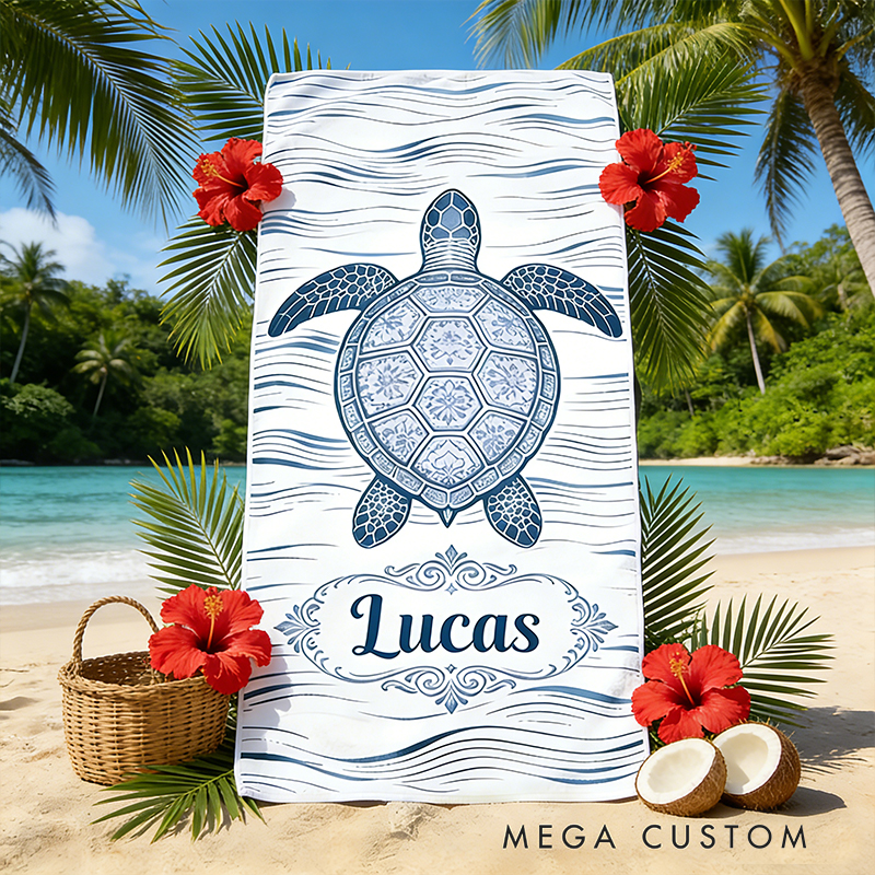 Personalized Custom Ocean Animal Beach Towel - Personalized sea ​​turtle Monogrammed Beach Towel for Kids & Adults, Quick-Dry Beach Pool Towel with Coastal Wave Design