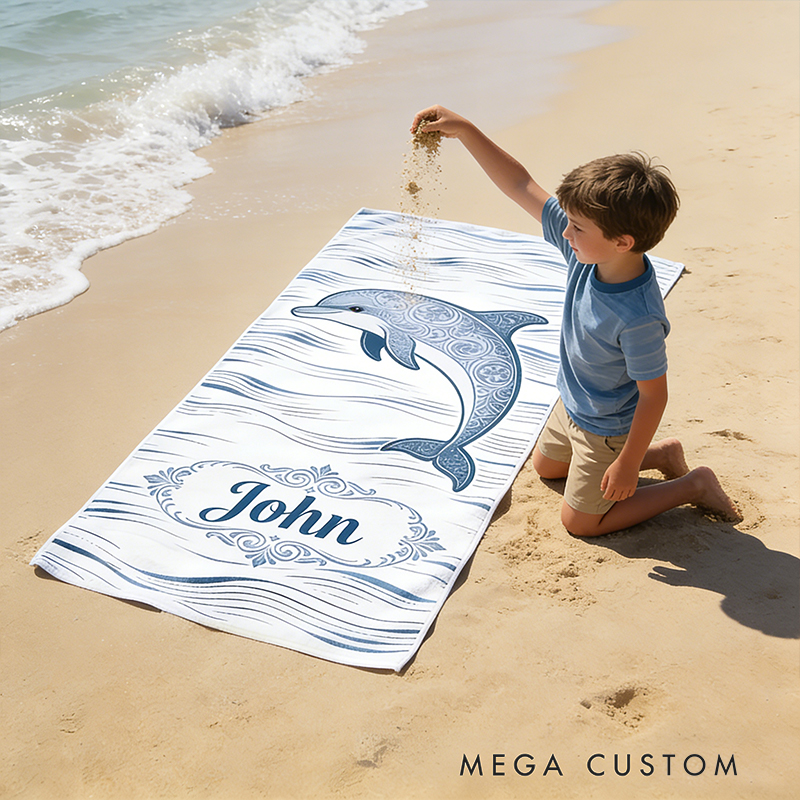Personalized Custom Ocean Animal Beach Towel - Personalized dolphin Monogrammed Beach Towel for Kids & Adults, Quick-Dry Beach Pool Towel with Coastal Wave Design