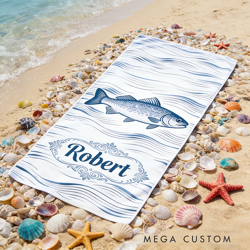 Personalized Custom Ocean Animal Beach Towel - Personalized Striped Bass Monogrammed Beach Towel for Kids & Adults, Quick-Dry Beach Pool Towel with Coastal Wave Design