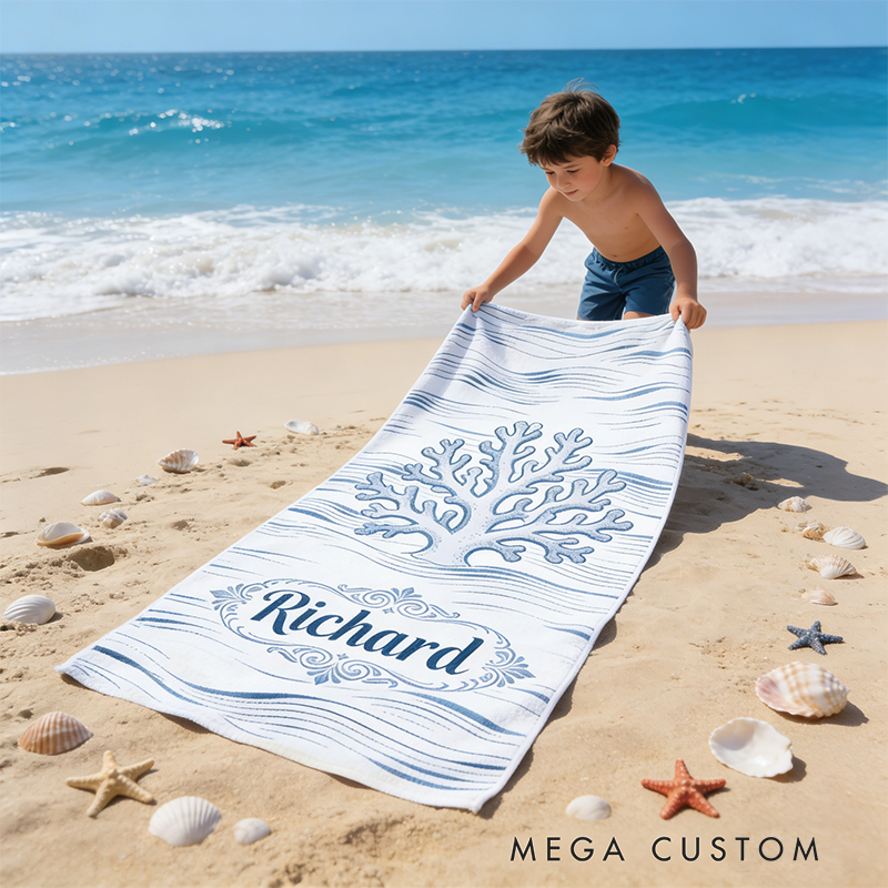 Personalized Custom Ocean Animal Beach Towel - Personalized coral  Monogrammed Beach Towel for Kids & Adults, Quick-Dry Beach Pool Towel with Coastal Wave Design