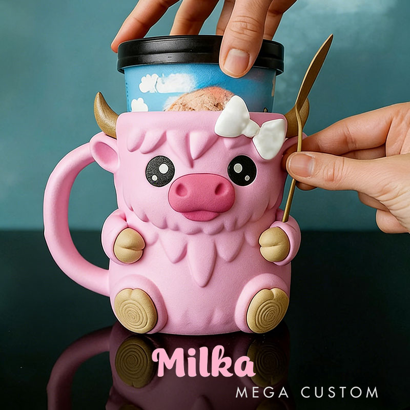Ferdinand Highland Cow Ice Cream Pint Holder 3D Printed with Spoon Slots & Snack Drawer