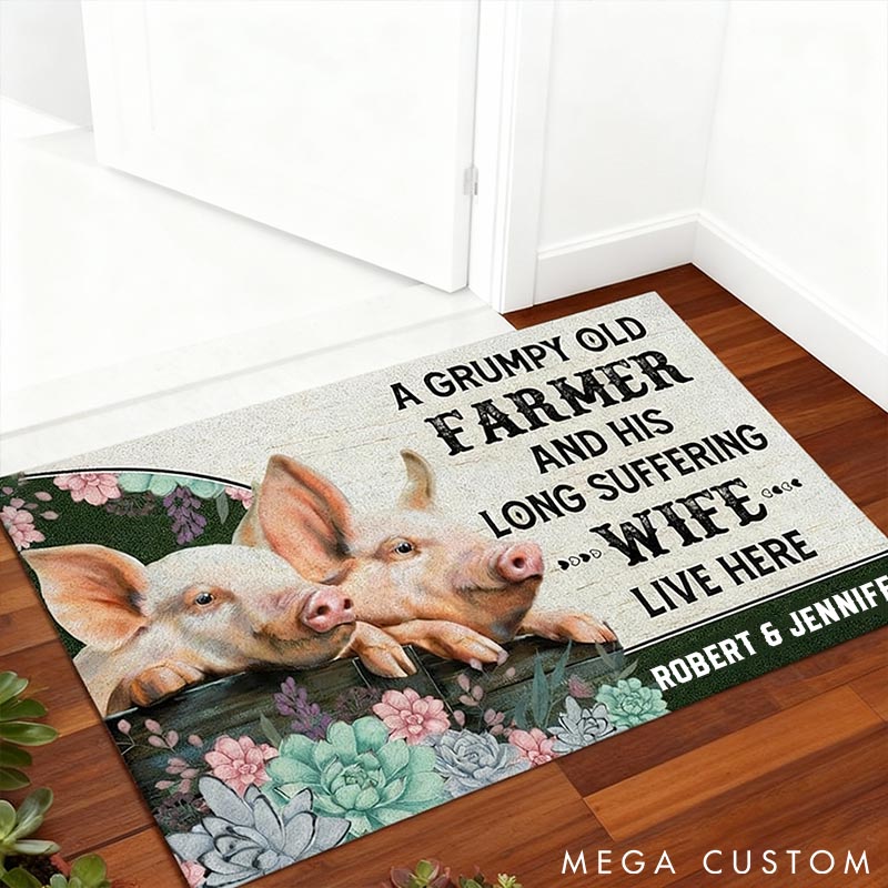 Personalized Piggy Farmer Couple Doormat Grumpy Farmer and Long-Suffering Wife Couple Farm Door Mat Couple Piggy Love Mat 