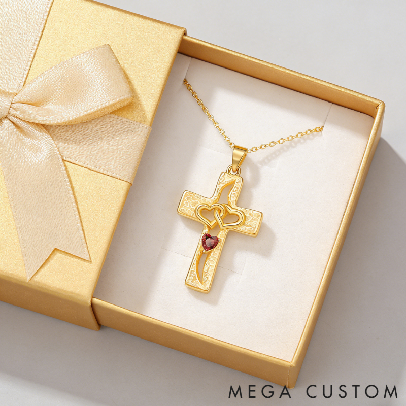 Personalized Sterling Silver Cross Interlocking Hearts Name and Birthstone Necklace