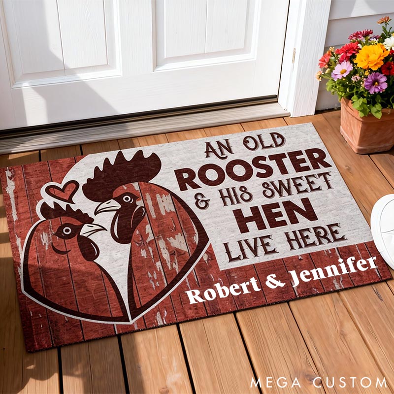 Personalized Name Chicken Couple Doormat Rooster And Hen Live Here Doormat Couple Funny Gift Chicken Couple Doormat 