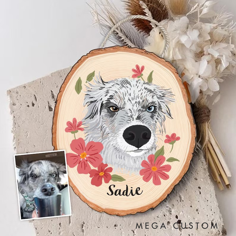 Personalized Custom Pet Portrait on Wood Slice Personalized Pet Painting from Photo Floral Themed Pet Keepsake Gift for Pet Lovers
