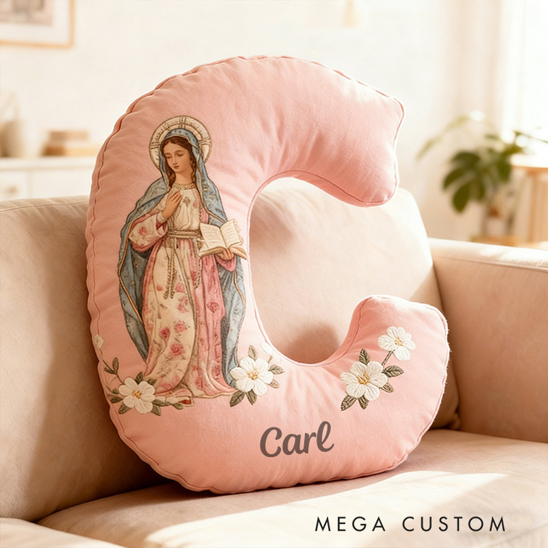 Personalized Virgin Mary Floral Letter Pillow with Custom Name Catholic Home Decor Religious Gift for Her Blessed Faith Gift Graphic 3D Print Pillow