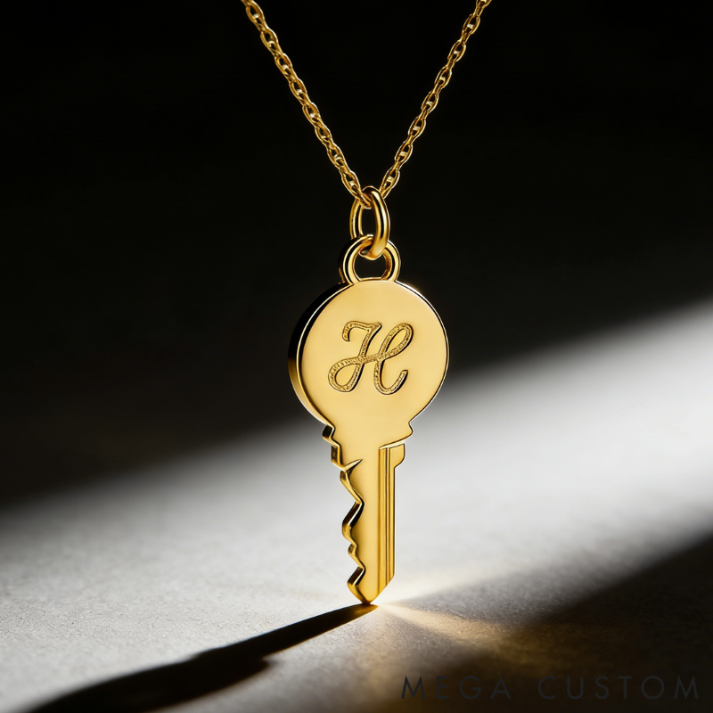 Personalized Sterling Silver Key-Shaped Initial Engraved Necklace