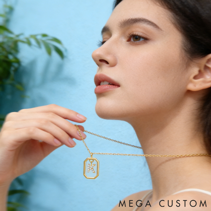 Personalized Sterling Silver 26 Letter Alphabet Octagon Framed Necklace with Custom Letter Choice