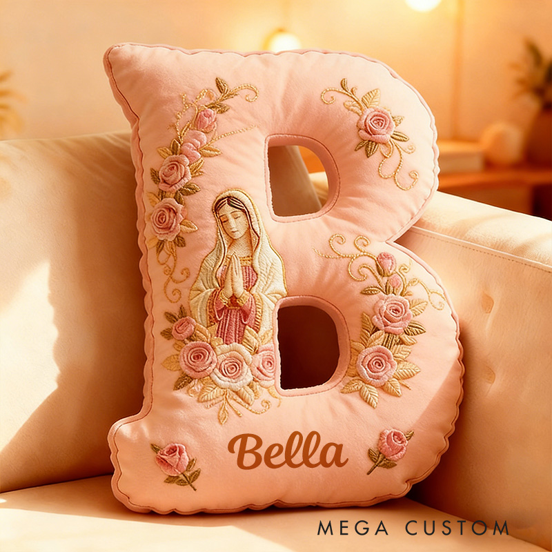 Personalized Virgin Mary Rose Pink Letter Pillow with Custom Name Graphic 3D Print Pillow Religious Home Decor Catholic Gift for Women