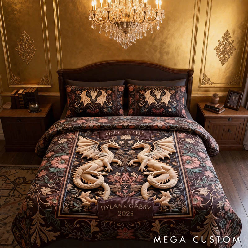 Personalized Couple Folk Medieval Dragon Bed Set Custom Kindred Spirits Graphic 3D Printed Bedding Decor with Name Anniversary Valentines Day Gift