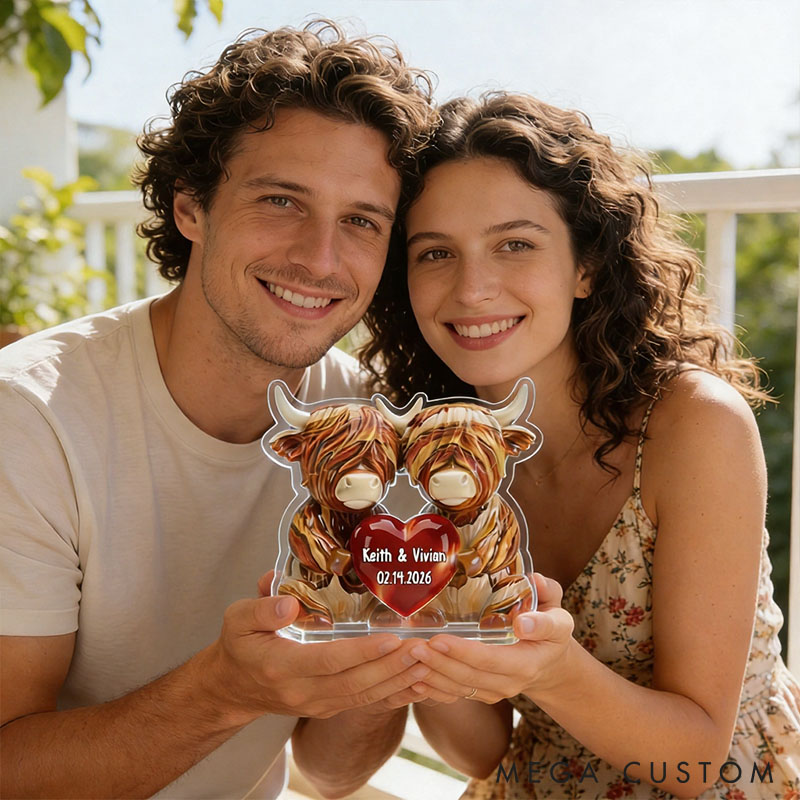 Personalized Highland Cow Couple with Heart Acrylic Plaque Custom Faux Wood Plaque with Name Anniversary Gift for Him Her Valentines Day Gift