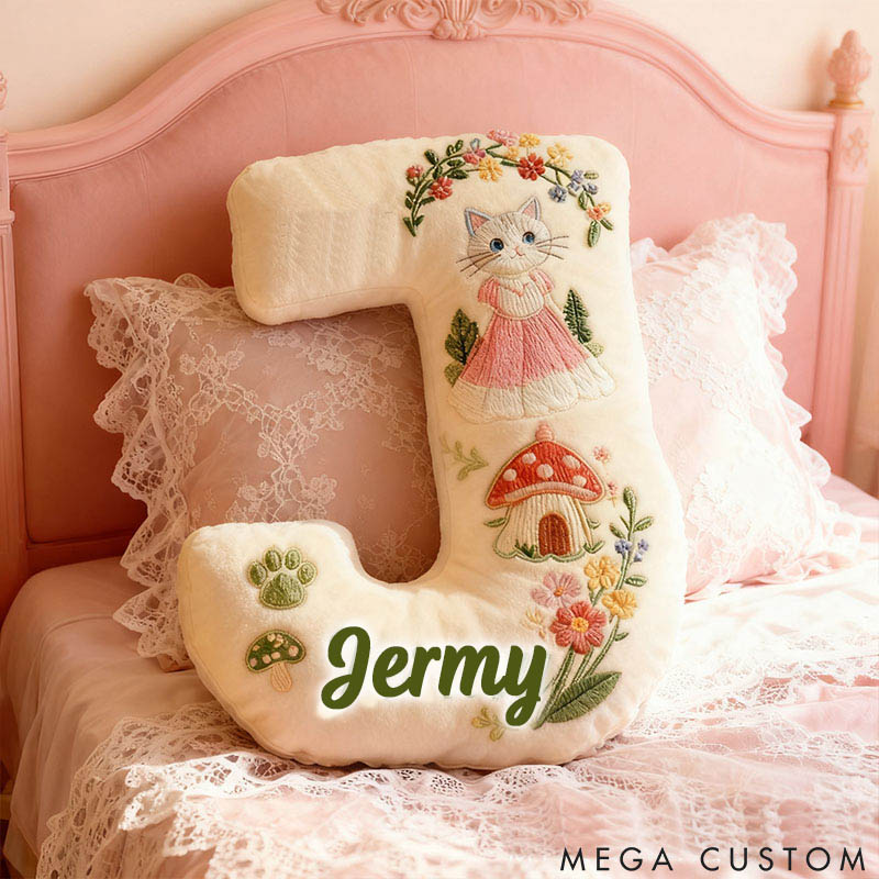 Personalized Cat Lover Mushroom House Forest Flower Letter Pillow with Custom Name Pillow for Kid Graphic 3D Print