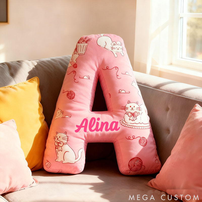 Personalized Cat Lover Pink Letter Pillow with Custom Name Pillow for Kid Graphic 3D Print