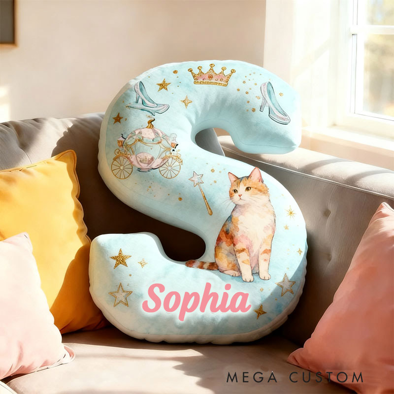 Personalized Cat Lover Crown Crystal Shoes Pumpkin Carriage Letter Pillow with Custom Name Graphic 3D Print