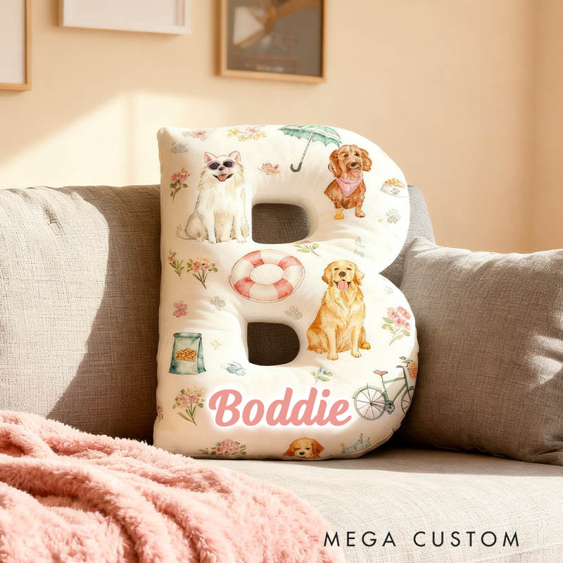 Personalized Dog Lover Swimming Ring Flower Letter Pillow with Custom Name Graphic 3D Print