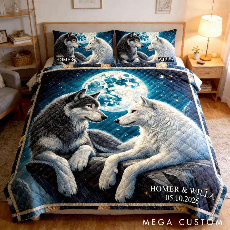 Personalized Couple Wolf Bed Set Custom Forest Moon Wolf Couple Graphic 3D Printed Bedding Decor with Name Anniversary Valentines Day Gift for Her Him