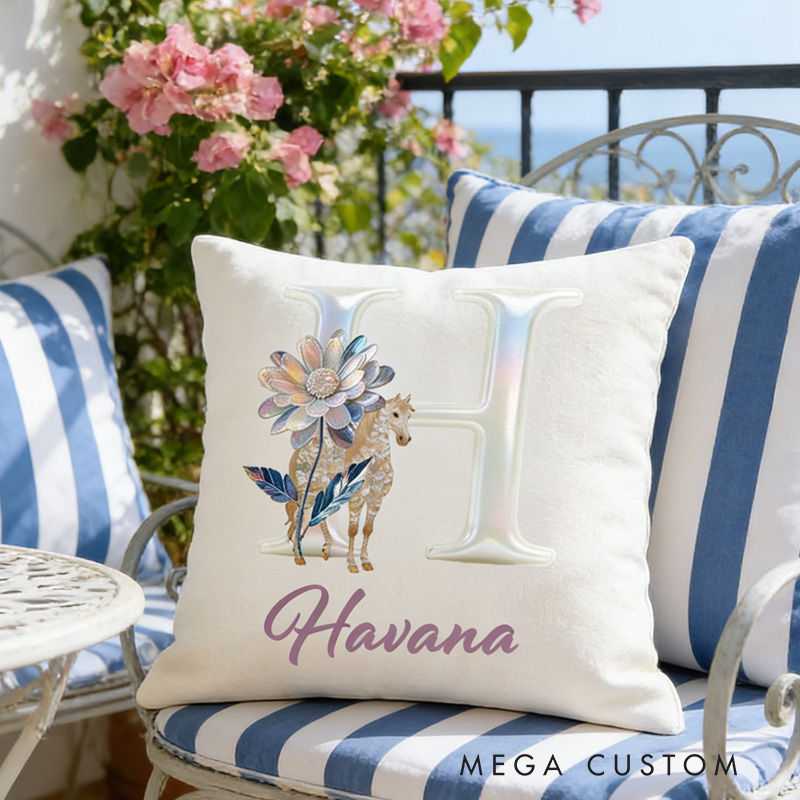 Personalized Horse Riding Birth Flower Initial Throw Pillow Cover with Name Home Decor Birthday Anniversary Gift for Horse Owner Lover Riding Lovers Equestrian Lovers
