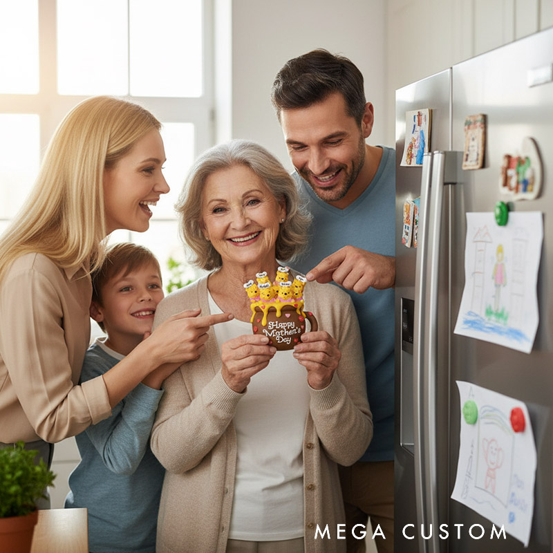 Personalized Mother's Day Bear Magnetic Fridge Magnet with Custom the Number of People Names and Text for Mother Grandmother Family