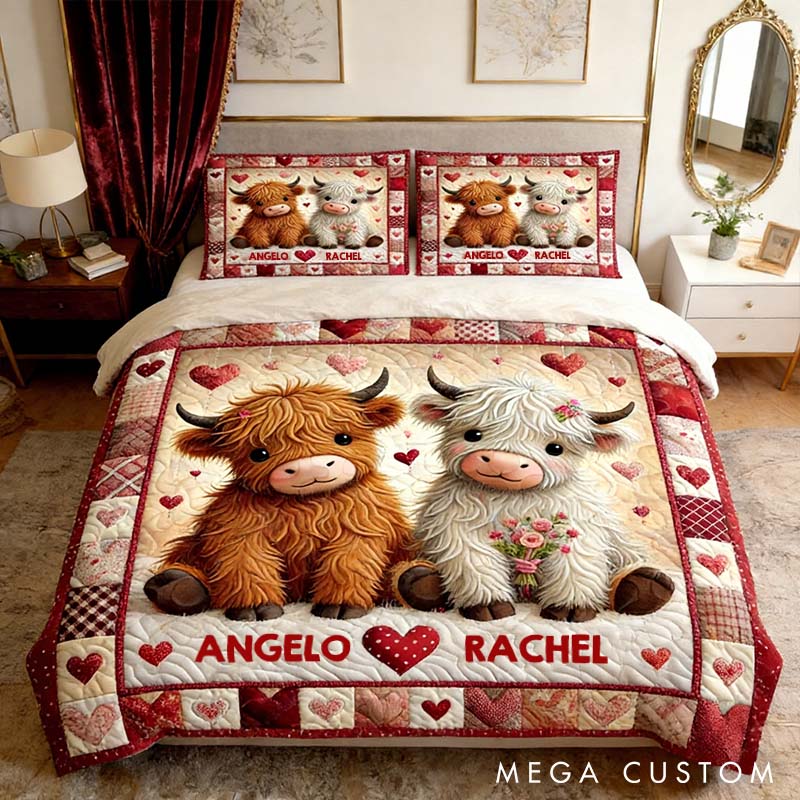 Personalized Couple Highland Cow Bed Set Custom Couple Valentines Day Graphic 3D Printed Bedding Decor with Name Anniversary Gift for Her Him