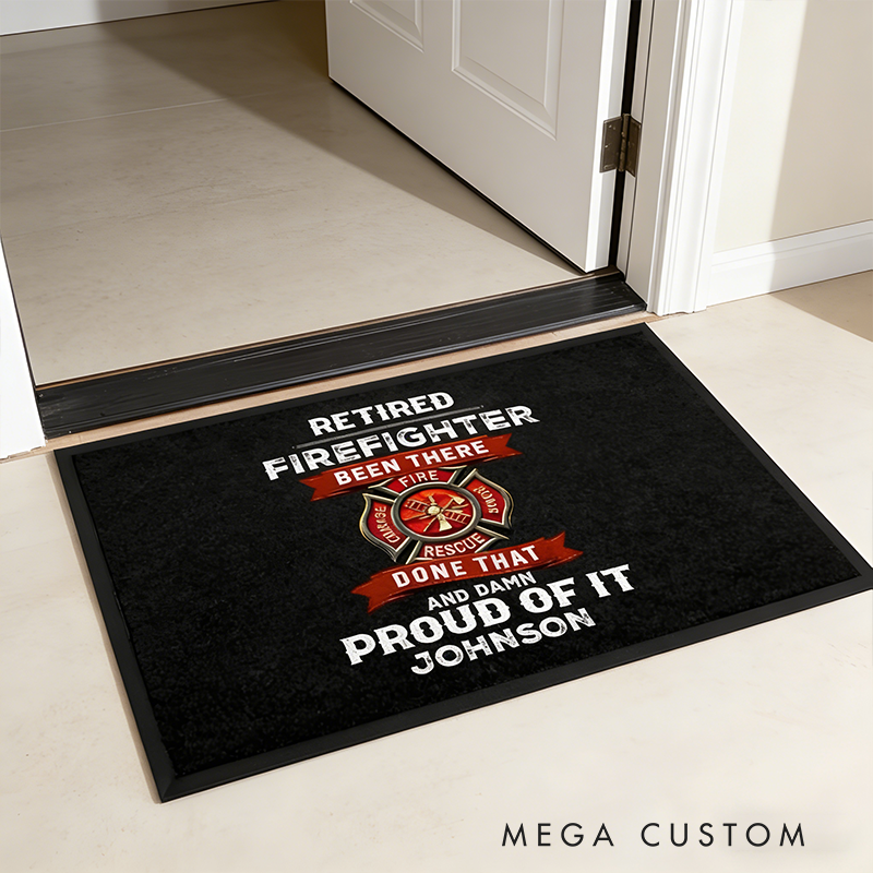 Personalized Retired Firefighter Door Mat Custom Name Front Entrance Rug Gift for Firefighters and Veterans