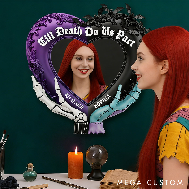 Personalized Couple Spooky Till Death Do Us Part Mirror Custom Heart Shaped Graphic 3D Printed Mirror with Name Valentines Day Anniversary Gift