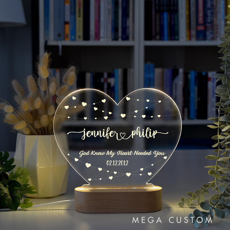 Personalized God Knew My Heart Needed You LED Night Light with Name & Date Heart Shaped Lamp Valentines Day Gift Anniversary Gift for Couple