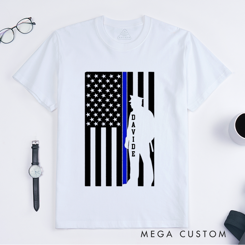 Personalized Flag Thin Blue Line Police Tribute Design Gift for Policewoman Police Officer T-Shirt