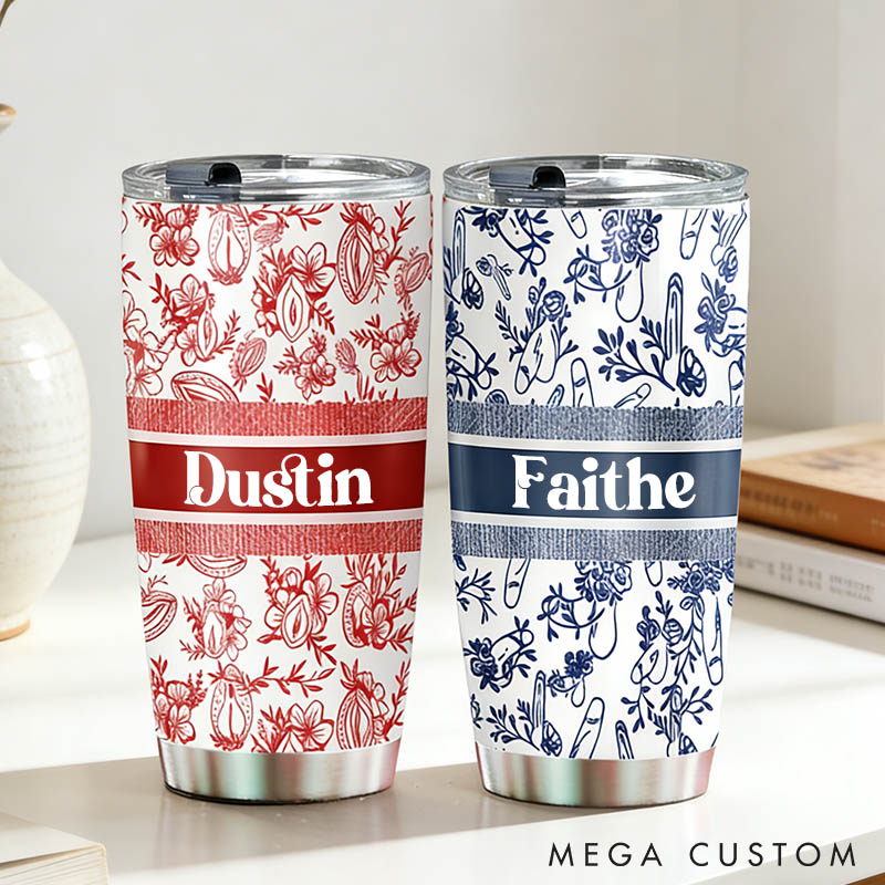 Personalized Couple Funny Toile De Jouy Genitals Pattern 20oz Tumbler Custom Couple Tumbler with Name Valentines Day Anniversary Gift for Him Her