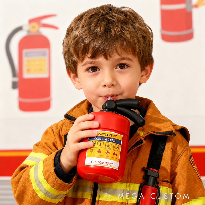Personalized Custom Fire Extinguisher Shaped Straw Cup - Novelty Kids Water Bottle, Personalized Text Reusable Tumbler, Fun Firefighter Themed Drinkware for Boys/Girls