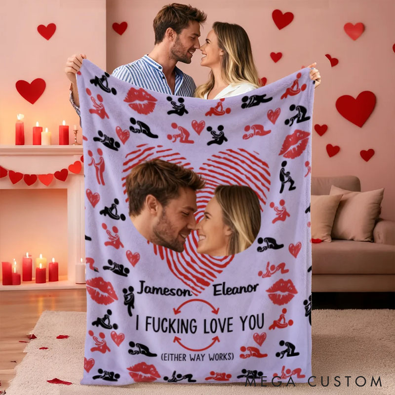 Personalized Couple Photos Heart Fingerprint Kiss Blanket Custom I Fxxking Love You Multicolor Blanket Anniversary Valentines Day Gift for Him Her