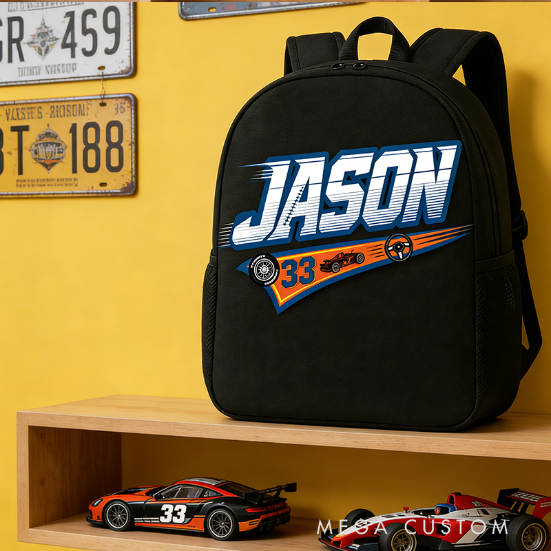 Personalized Racing Backpack Custom Name and Number School Bag Gift for Car Lovers and Motorsport Fans