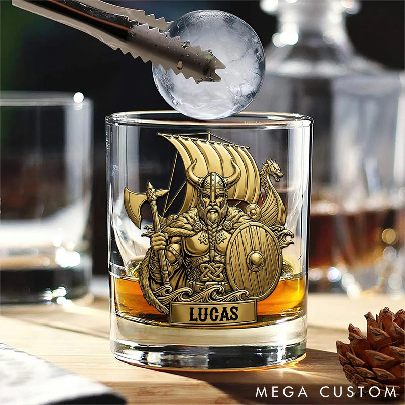 Personalized 3D-Like True Warriors Whiskey Glass Viking Whiskey Glass Valentine‘s Day Gift for Husband Boyfriend Romantics Gift for Him
