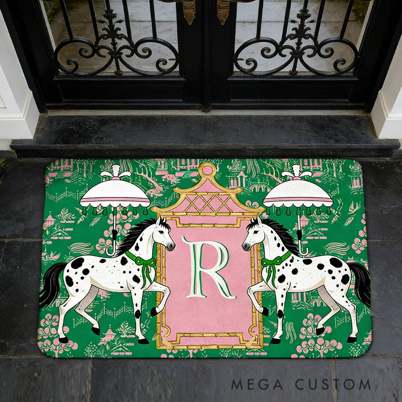 Personalized Horses Pagoda Chinoiserie Non Slip Door Mat with Initial Entryway Home Decor Housewarming Gift for Family for Riding Lovers Equestrian Lovers