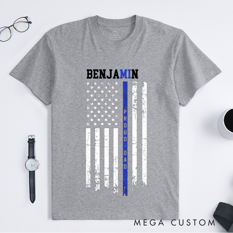Personalized Proud Dad Thin Blue Line Design Gift for Policewoman Police Officer T-Shirt