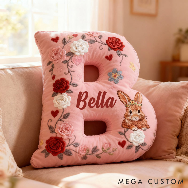 Personalized Girl friend Rose Pink 3D Printed Rabbit Pillow Custom Name Cushion Valentine's Gift for Her Christmas Gift for Flower girl