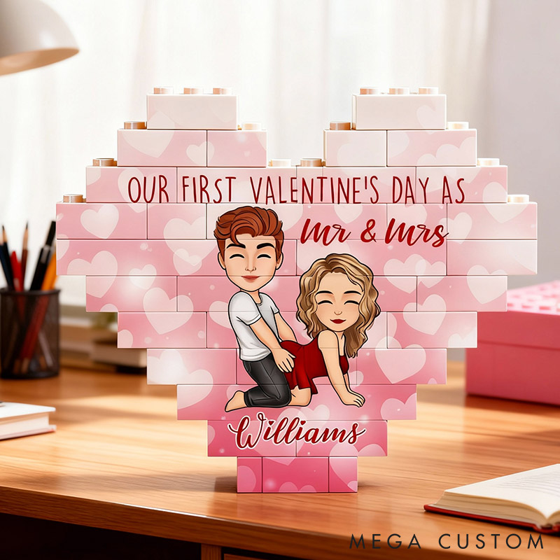 Personalized Valentine's Couple Heart Building Block Puzzle Custom Cartoon Couple Heart Plaque Valentine's Day Anniversary Gift for Couple