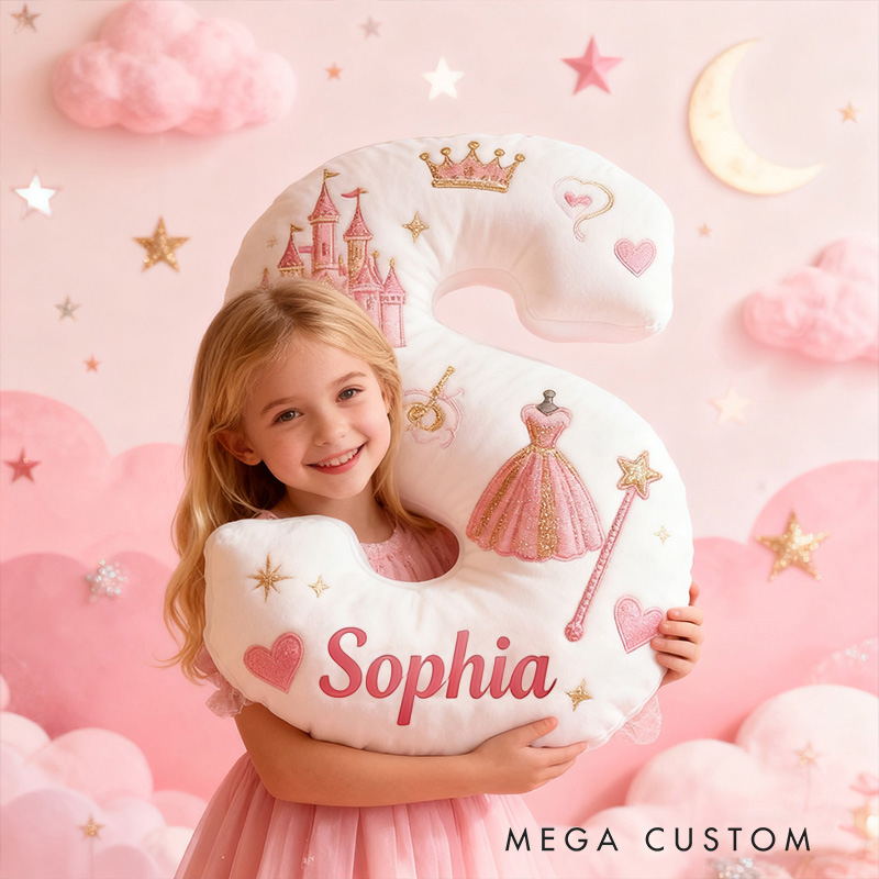 Personalized Princess Letter Name Custom Kids Gift Pink Castle Crown Dress Magic Fairytale Soft Decorative Graphic 3D Print Pillow