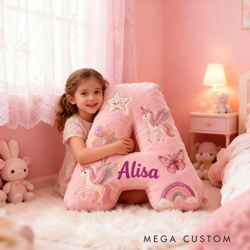 Personalized Pink Rainbow Letter Initial Custom Name Soft Decorative Gift Magical Girls Room Cozy Alphabet Shape  Graphic 3D Print Pillow