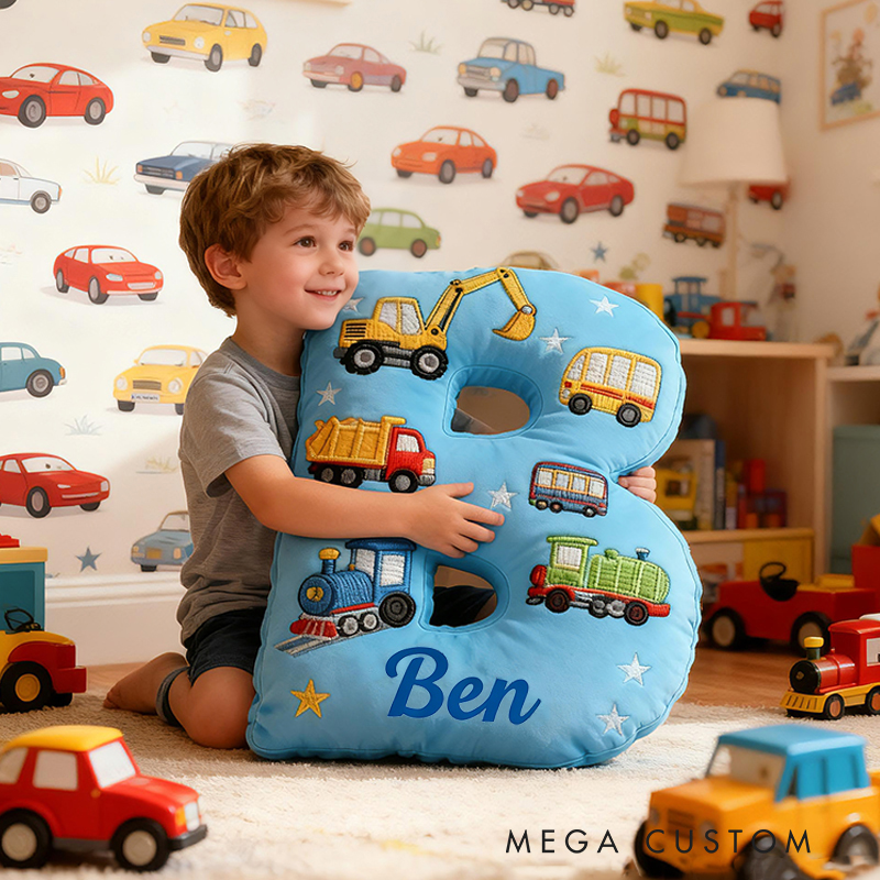 Personalized Letter Truck Custom Name Soft Decorative Gift Fun Construction Style Cozy Bedroom Colorful Car Bus Crane Vehicle Cute Boy Room Playtime Graphic 3D Print Pillow