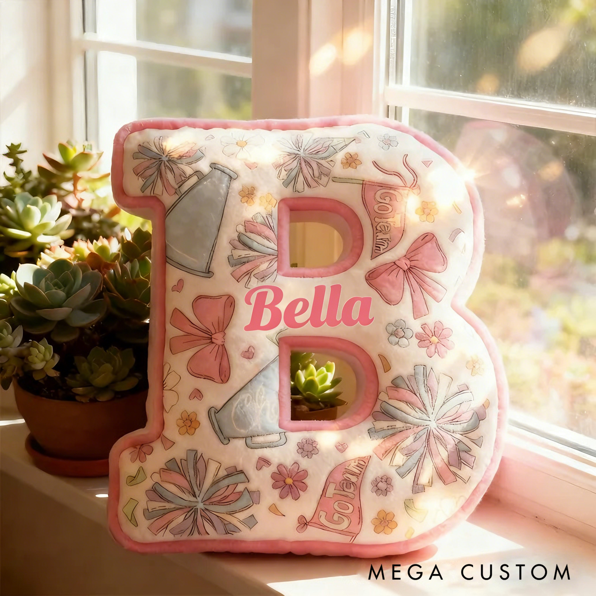 Personalized Cheerleading Initial Pillow with Custom Name and Cheer Theme Design