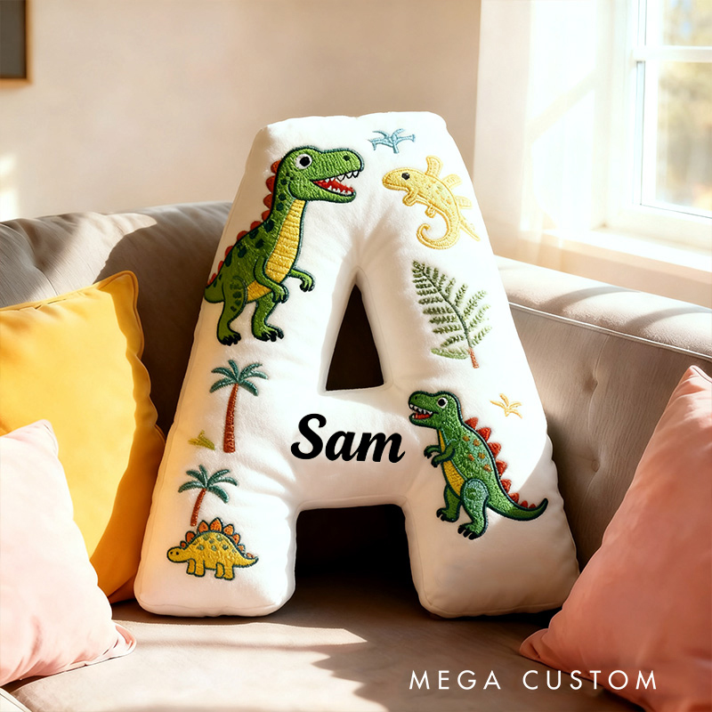 Personalized Dinosaur Letter Name Custom Kids Gift Fun Green T Rex Cute Prehistoric Soft Decorative Graphic 3D Print Pillow