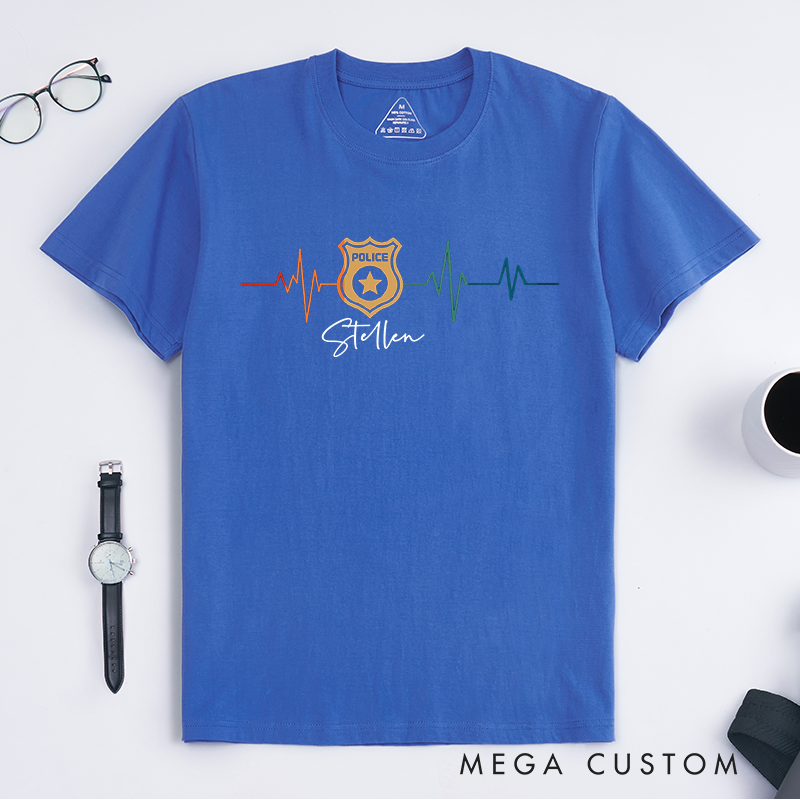 PersonalizedPolice Badge Heartbeat Design Gift for Police Officer T-Shirt