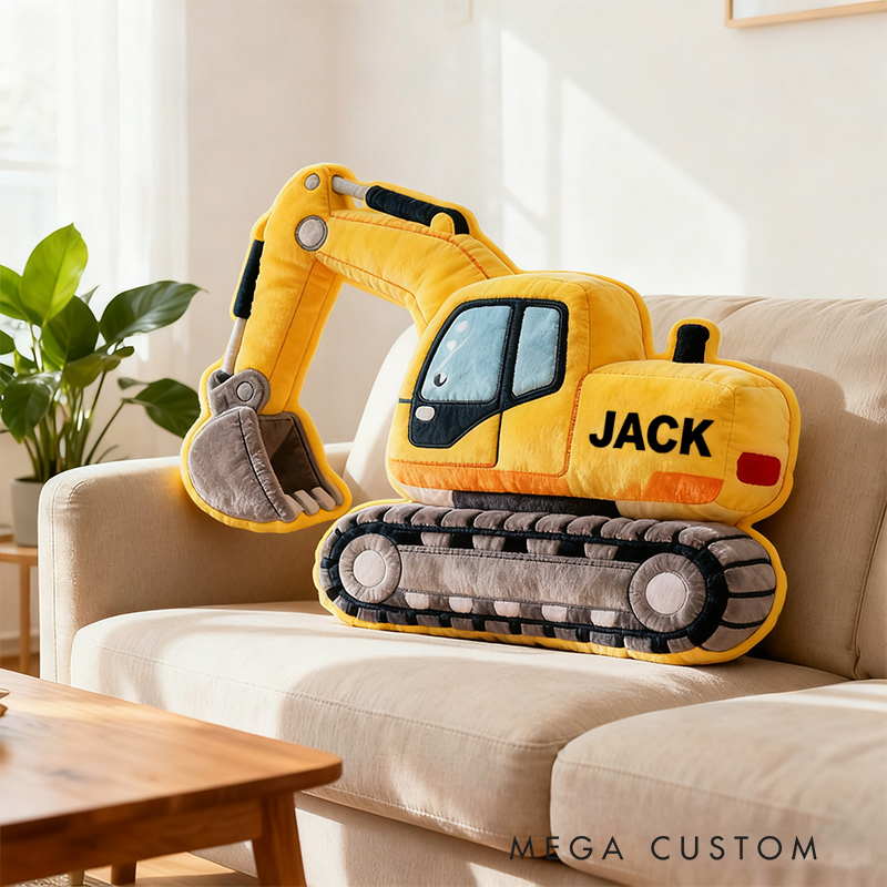 Personalized Excavator Truck Custom Name Soft Decorative Gift Construction Vehicle Style Cozy Bedroom Builder Machine Fun Playtime Boy Room Graphic 3D Print Pillow