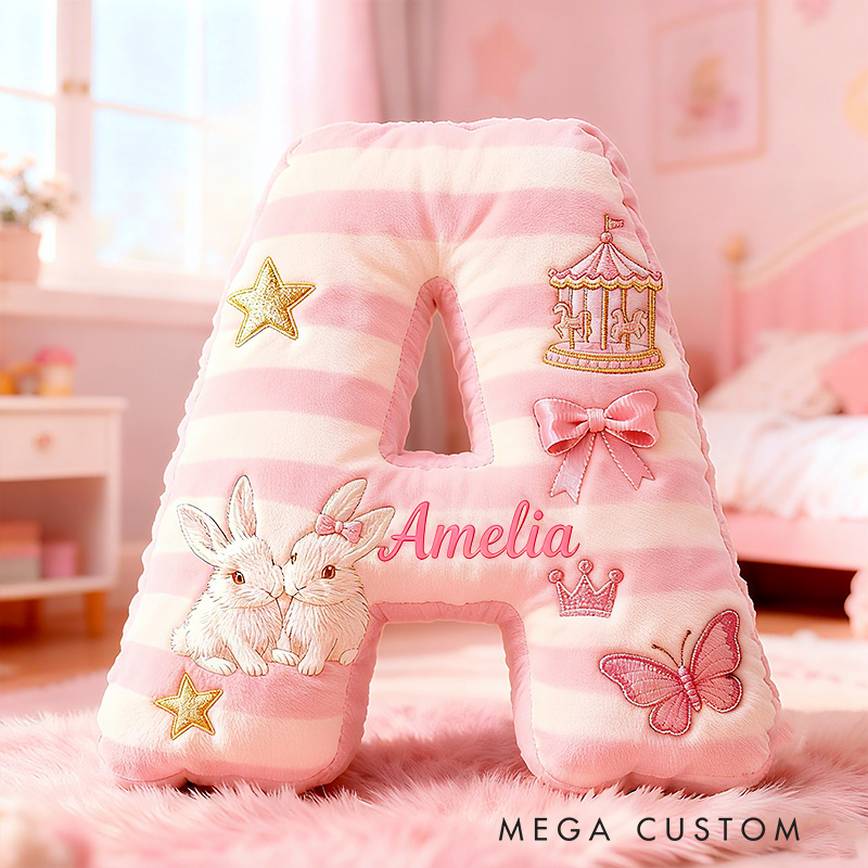 Personalized Pink Striped Bunny Star Butterfly Carousel Letter Initial Custom Name Soft Decorative Gift Cozy Girls Room  Graphic 3D Print Pillows Pillow